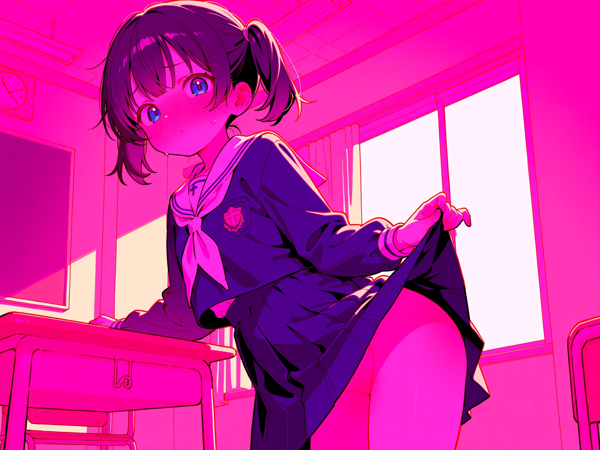 One girl with black bob hair、Blazer uniform、Skirt flip、Panties in full view、Standing posture、classroom、Shyness、Crying face、resistance
