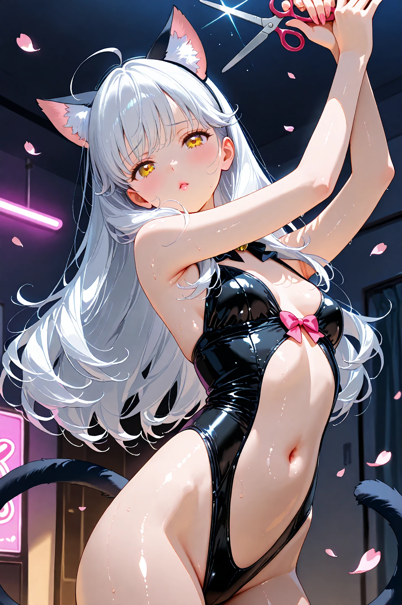 Silver hair, pink eyes, body, cat ears,girl, earrings,hair bows, sexy girl