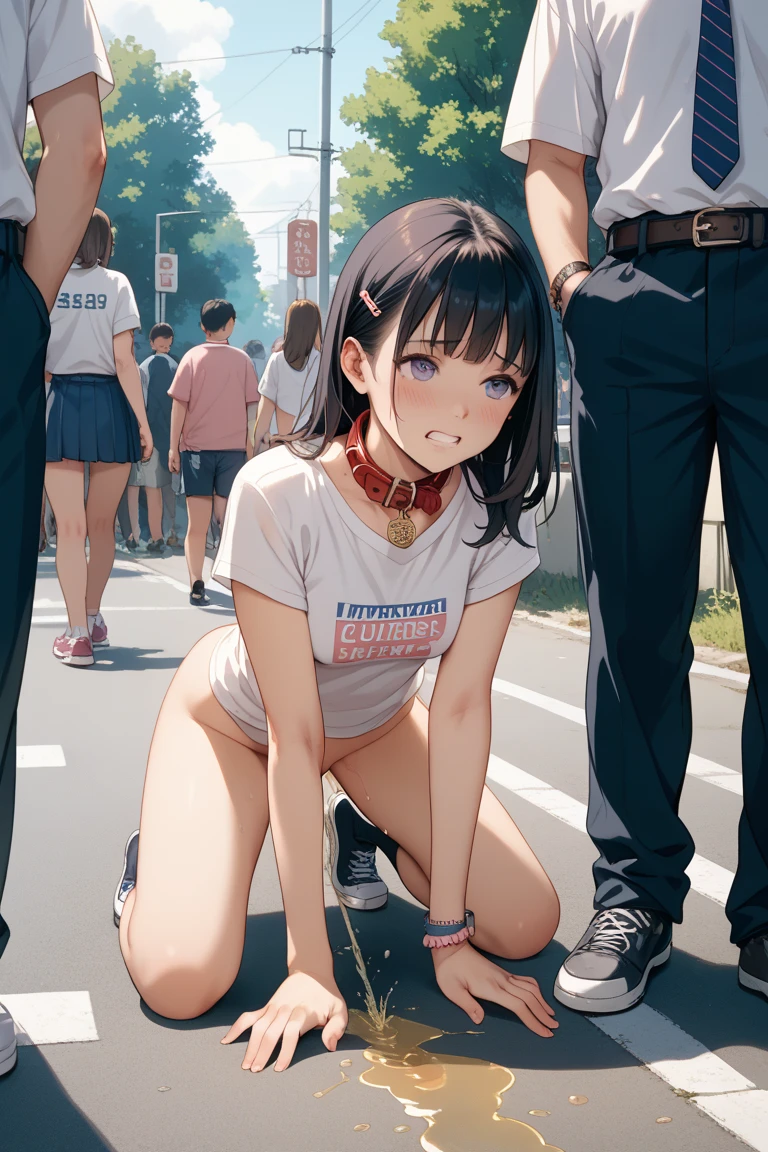 One woman, blush, Open your mouth, Short Hair, Black Hair, Feel Small Breasts Pubic Hair 8k, Very detailed, 16k, (naked), Outdoors, running, black eyes, many men wearing T-shirts running after you from behind, being chased, running away