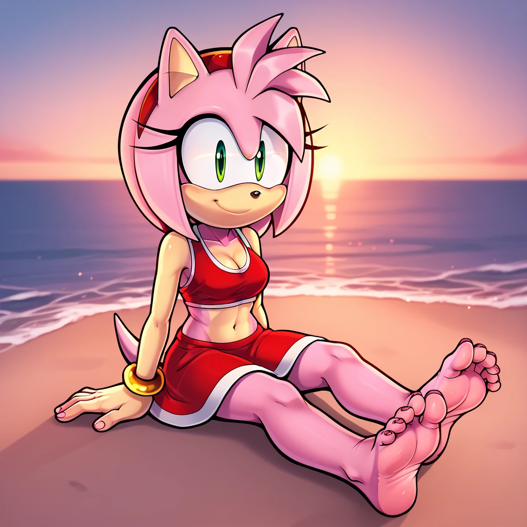 Amy rose, girl, green eyes, pink hair, spiky hair, spiky ponytail, two tone body fur, pink body fur, clear yellow body fur, small breasts, detailed face, detailed eyes, detailed body fur, glistering body, shiny body, gorgeous body, ((red frilly bikini, flower pin on hair, small red frilly skirt, red flip flops)), :3, full body, feets with three toes, 3 toes, beach, clear sky,