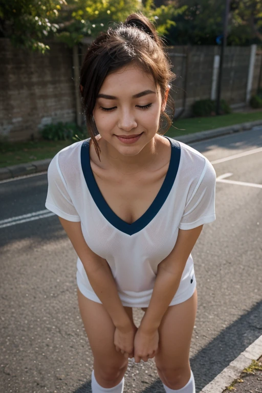 1 kid, on the street, squating, mini skirt, thigh high socks