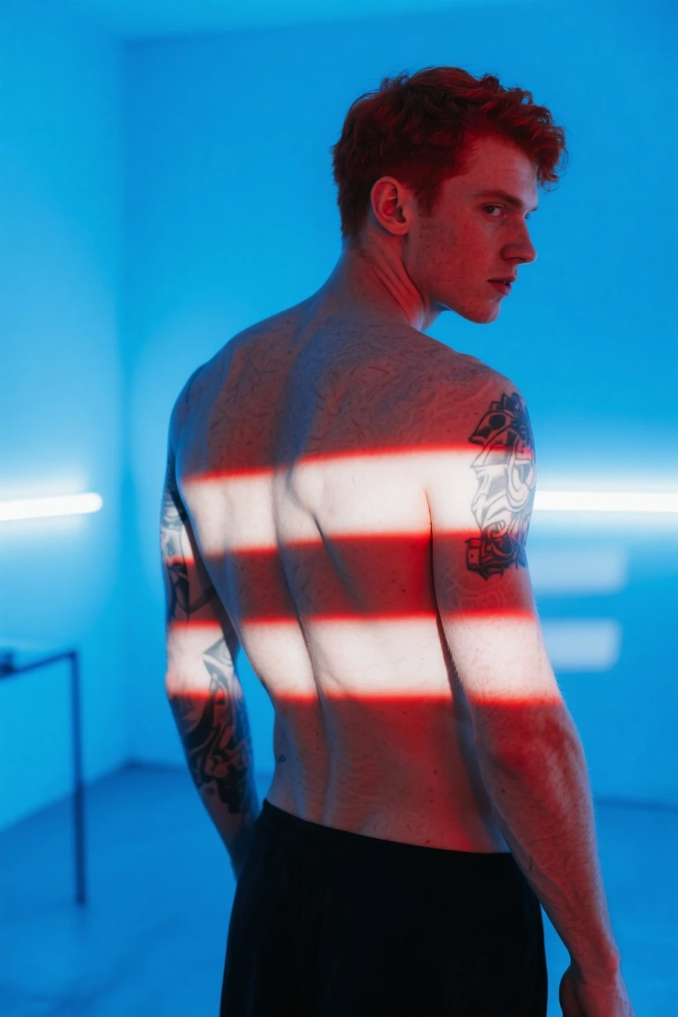 nsfw, gay, homoerotic, best quality, masterpiece, hyper realistic, extremely detailed, "Thank" text in blue neon lights in the background, huge bulge in extremely sexy tiny white gstring, extremely handsome ginger man, palms touching, smile, half body, fill frame, dark cinematic lighting, extremely dramatic shadows, no background, perfect face, perfection, no signature, no logo