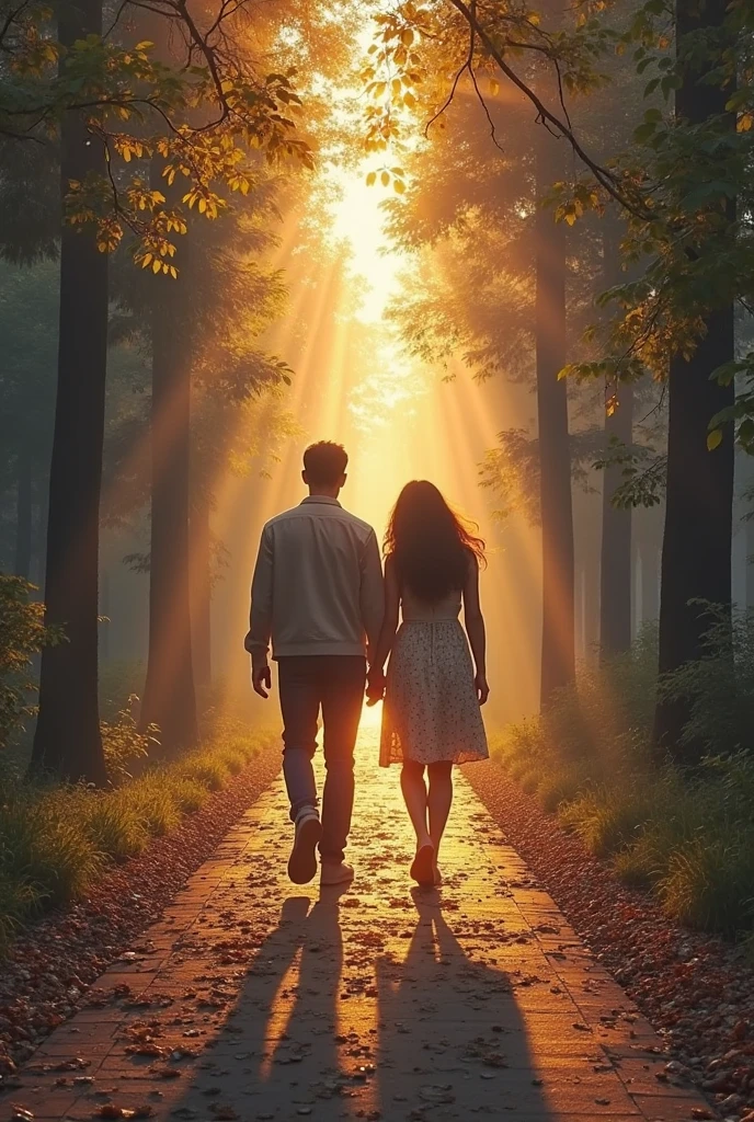 The words "TO HAPPINESS" written in large letters at the bottom of the screen, ((masterpiece, highest quality, Highest image quality, High resolution, photorealistic, Raw photo, 8K)), ((Extremely detailed CG unified 8k wallpaper)), The back view of a man and woman walking hand in hand, on a tree-lined street with sunlight filtering through the trees, the last scene of a romantic movie, green leaves and white light, a walkway in the morning mist,