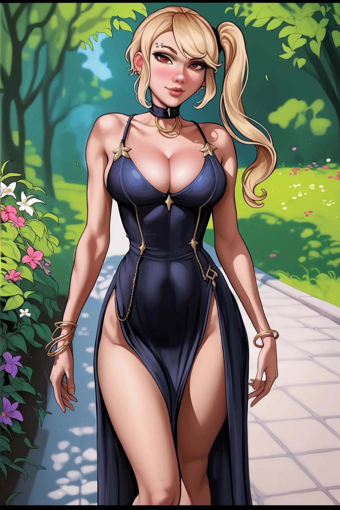 masterpiece, ultra high-quality, extremely detail 8k cg, high resolution, 1girl, narukouzumaki, twintails, wisker marks, blonde hair, blue eyes, perfect eyes, thin body, huge breasts, fakebreasts, evening gown, halterneck, criss-cross halter, tutututu, fishnet pantyhose, high heels, choker, beautiful face, outdoors, garden, night time, full shot photo, full body
