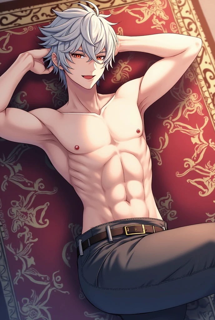 Anime guy about 16 without outerwear. Muscular with 6-pack abs and back. With white hair. Lying on the bed. 