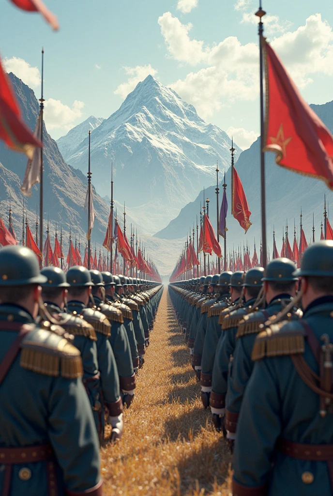 A poster of the Long March,Warm colors,Contains Chinese Communist flag elements,Rich graphics,red、gold、Fighters of the Red Army、Snow Mountain、grassland、river、red flag、Red stars、Pigeon、Illustration style、Paper cutting skills,The picture should have a sense of hierarchy,Exquisite,high quality,Coordination of character movements,No horses appear,People walking in a long line,The clothes are light blue worn cotton clothes,Carry a gun on your back,The team meandered into the distance and gradually disappeared into the mountains