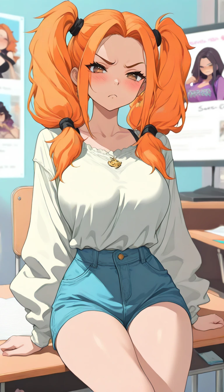 master-piece, bestquality, 1girls,16 years old, View viewers from front, HD, slight smile, big tits, cleavage, under , tights cloth, , tiny body, under tits cleavage, look down, stand up, wide hips, leah, single braid, orange hair, purple eyes, button gap, undersized clothes,