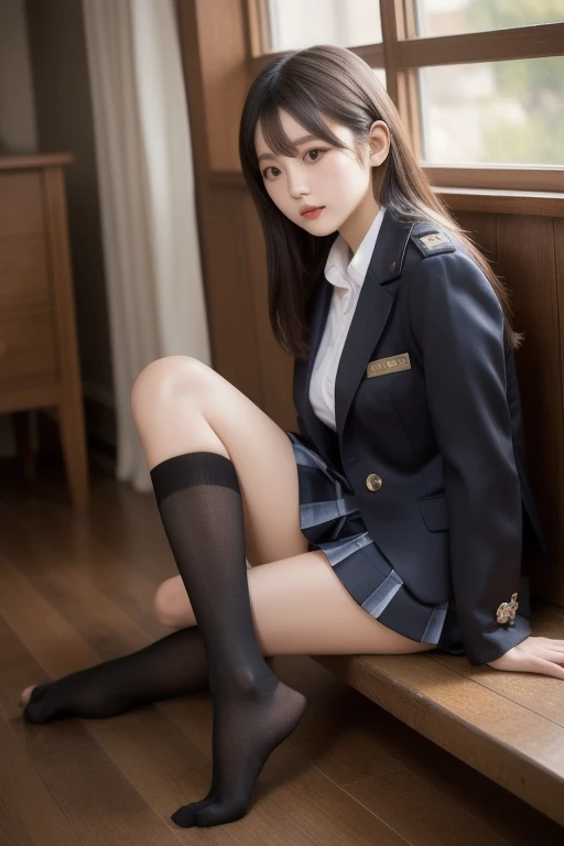 ulzzang-6500-v1.1, (raw photo:1.2), (photorealistic:1.4), beautiful detailed girl, very detailed eyes and face, beautiful detailed eyes, ridiculous, incredibly ridiculous, huge file size, super detailed, high resolution, very detailed, best quality, masterpiece, kemomimi, ((Japanese girls' high school uniform)), illustration, very detailed, CG, unified, 8k wallpaper, amazing, Fine details, masterpiece, best quality, very detailed CG uniform 8k wallpaper, light on face, cinematic lighting, 1girl, 16 years old, ((no panties)), ((dynamic pose))), (camel toe), (half), (pantyhose), (knee-bending leg sitting))