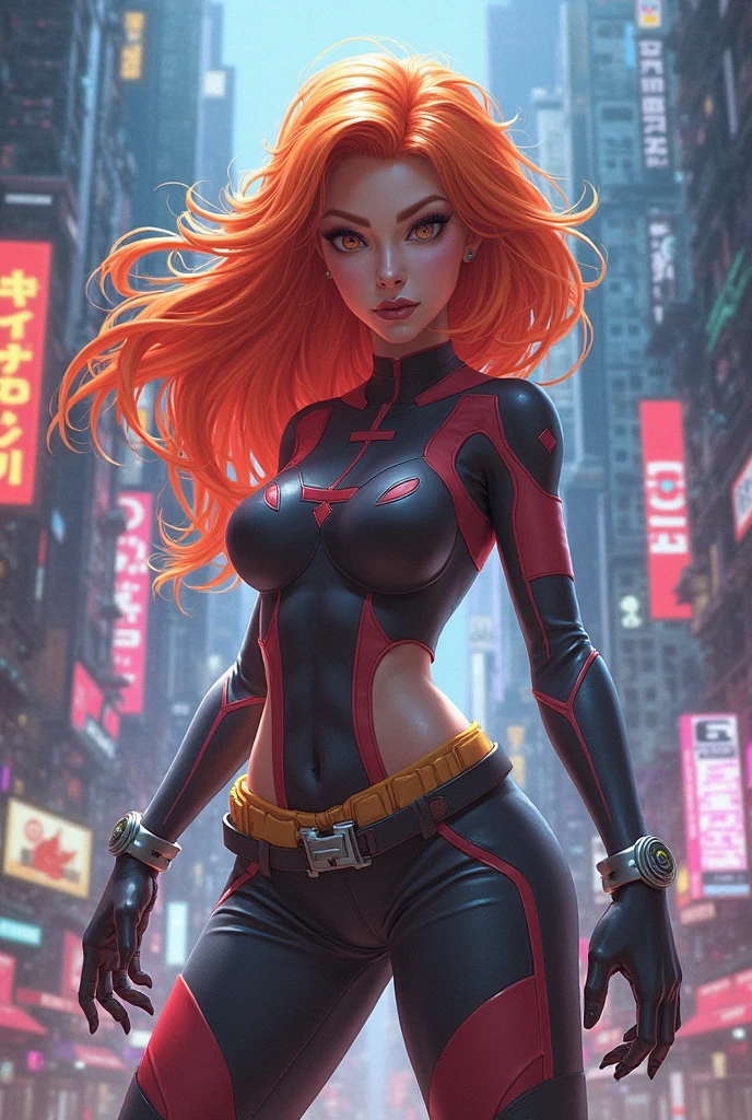 Beautiful woman with long, flowing, fiery red hair that reaches her feet, wearing a fuchsia jumpsuit, black gloves, and knee-high black boots, a black mask covering her eyes. Marvel Universe.