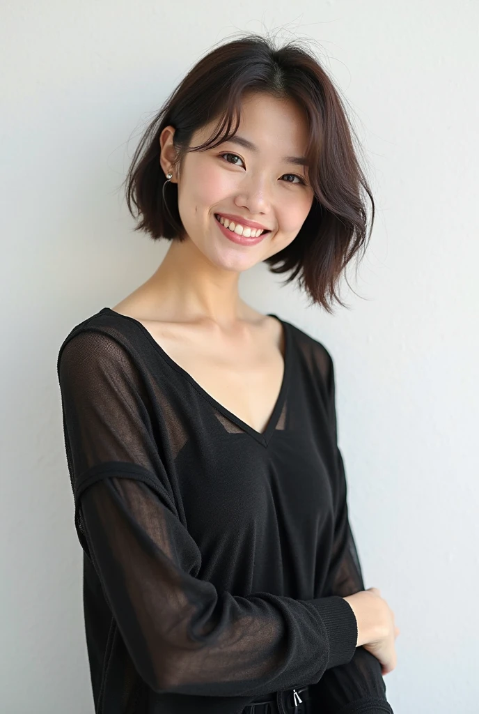 (8k, top quality, masterpiece: 1.2), (realistic, photorealistic: 1.37), super detailed, beauty, cute, solo, standing, (smile: 1.15), (closed mouth), black hair, fine beautiful eyes, big, nurse, (short hair: 1.2), floating hair NovaFrogStyle, room without windows, white background, no shadows, full body, smile, oblique face, both arms reflected, Full head shown, people cropped, face illuminated