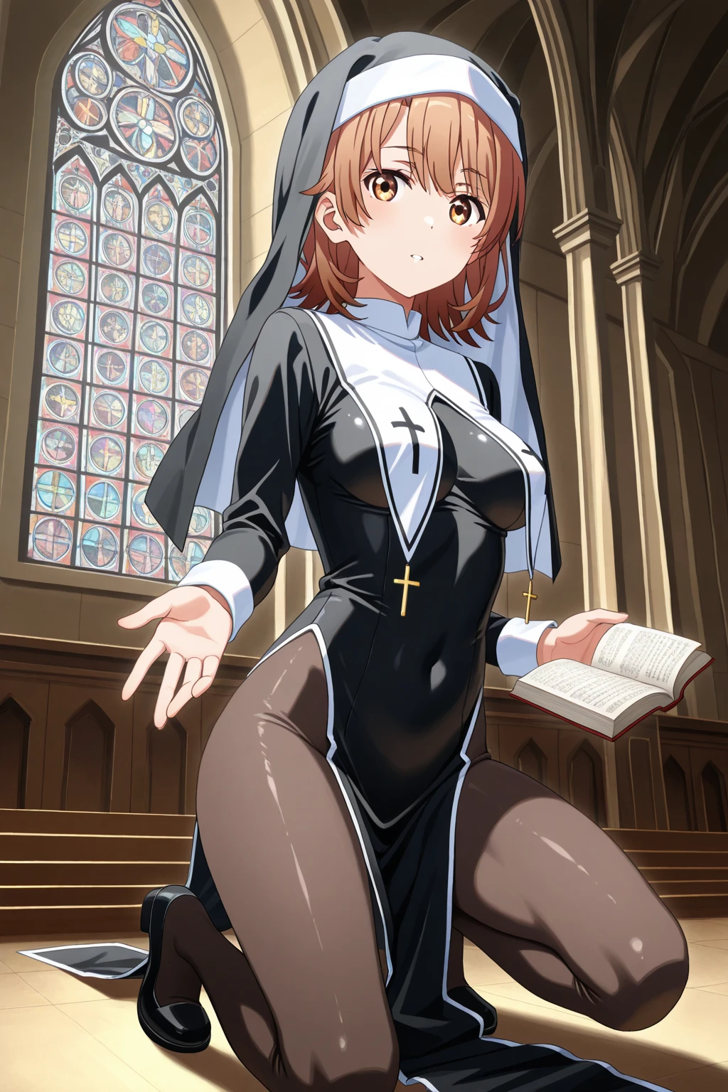 anime boy, crossdresser, 1boy, medium dark brown hair, red eyes, brown skin, wide hips, bubble butt, narrow waist and thick thighs, flustered, brushing, standing in a church, flat chest, short skirt, visible bulge, shirt, skin tight nun outfit, in a suggestive pose
