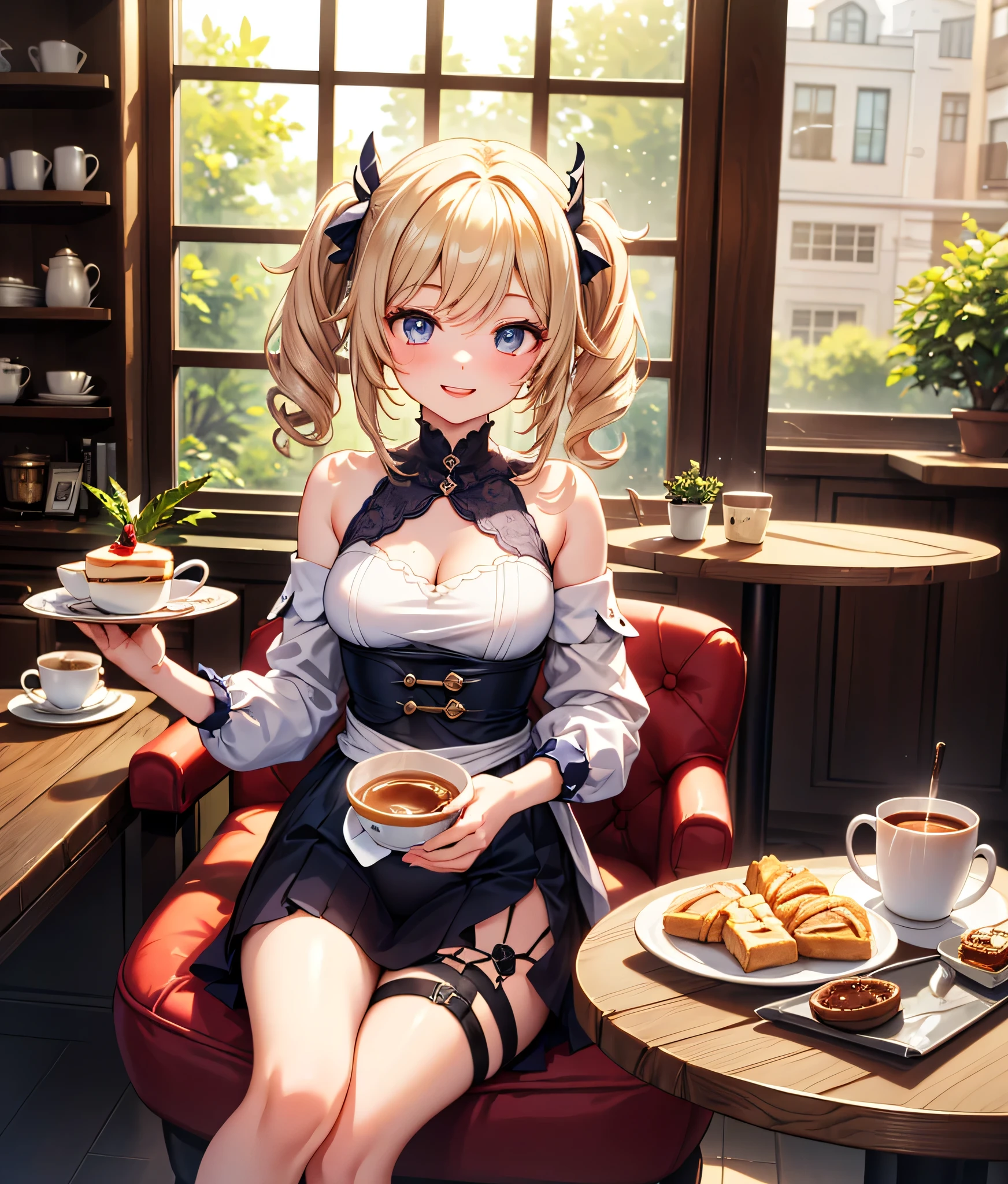 (perky chest:1.2), (pointed chest:1.2),(((Black Tunic:1.3))),(((cakes and bread in the basket),Cute and beautiful girl,Cute round face,Cute smile,with blush cheeks,Red Lip,solo, looking at viewer, open mouth, have a cute grass of cute beergrass,black hair, dark green eyes, dress, bare shoulders, jewelry, collarbone, sidelocks, hairband, earrings, indoors, off shoulder, sweater, arms behind back, plant, short hair with long locks, gild hairband, off-shoulder dress, sweater dress, off-shoulder sweater, black sweater, dark gord hair, big side hair, very long side hair,is rendered in (masterpiece: 1.2, best quality), with (ultra high resolution) and an exquisite (depth of field),(Bangs are see-through bangs),hair pin,hair adornments,detailed clothes features,Detailed hair features,detailed facial features,(Dynamic angles),(Dynamic and sexy poses),Cinematic Light,(masutepiece,top-quality,Ultra-high resolution) ,(The 8k quality,Anatomically accurate facial structure,),(Sea Art 2 Mode:1.3),(Image Mode Ultra HD) ,(Hold a coffee in your hand:1.3),delicate beautiful face, Bright blue eyes, cute eyes, sparkling eyes, Big eyes, (perky chest:1.1), (pointed chest:1.3), looking at viewer,