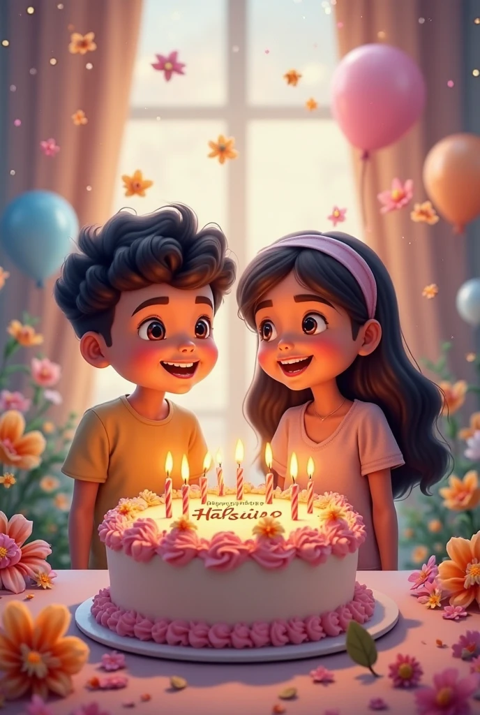 a cartoon girl and boy celebrating birthday with a small cake make the picture sad