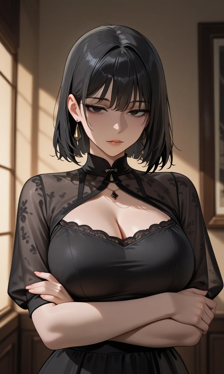 breasts huge muscles muscular girl black hair yellow eyes pale skin cocky smug confident expression smug confident expression silk black dress