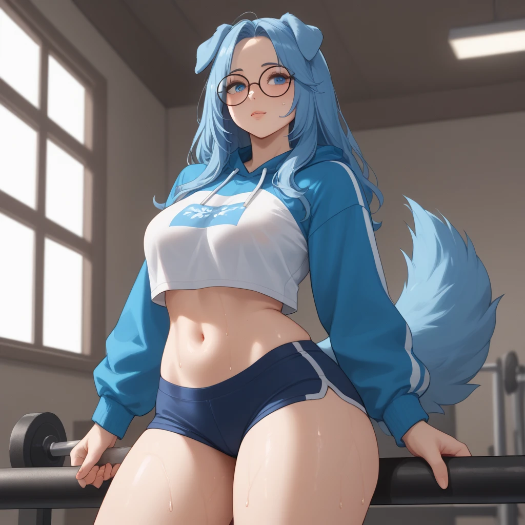 wolf girl,silver long hair,drak blue fur,neck fur,pubic fur,ultra detailed fur,G-cup breasts,pony tail,white sports bra,white booty shorts,thin clothes,transparent clothes,nipple erection,pussy through clothes,sit-up on yoga mat,very hot,heavy breath,sweat face,sweat armpits,sweat body,sweat legs,sweat arms,body steam,armpits steam,face steam,glasses,public park,shiny sweat detailed,glittering sweat