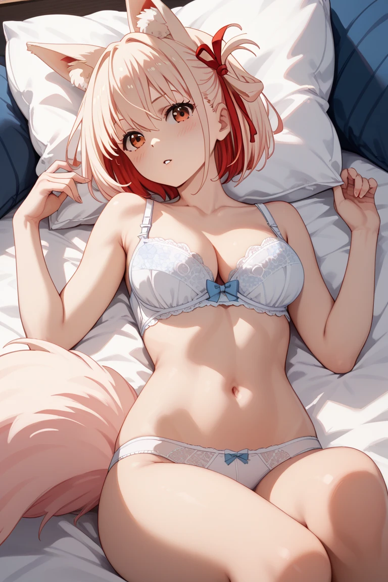lighting like a movie、top-quality、Slender Line、Girl in underwear、Strawberry print panties、Strawberry print bra、on the beds、spread legswide、embarrassed from、Wearing sweat、full of sweat、
