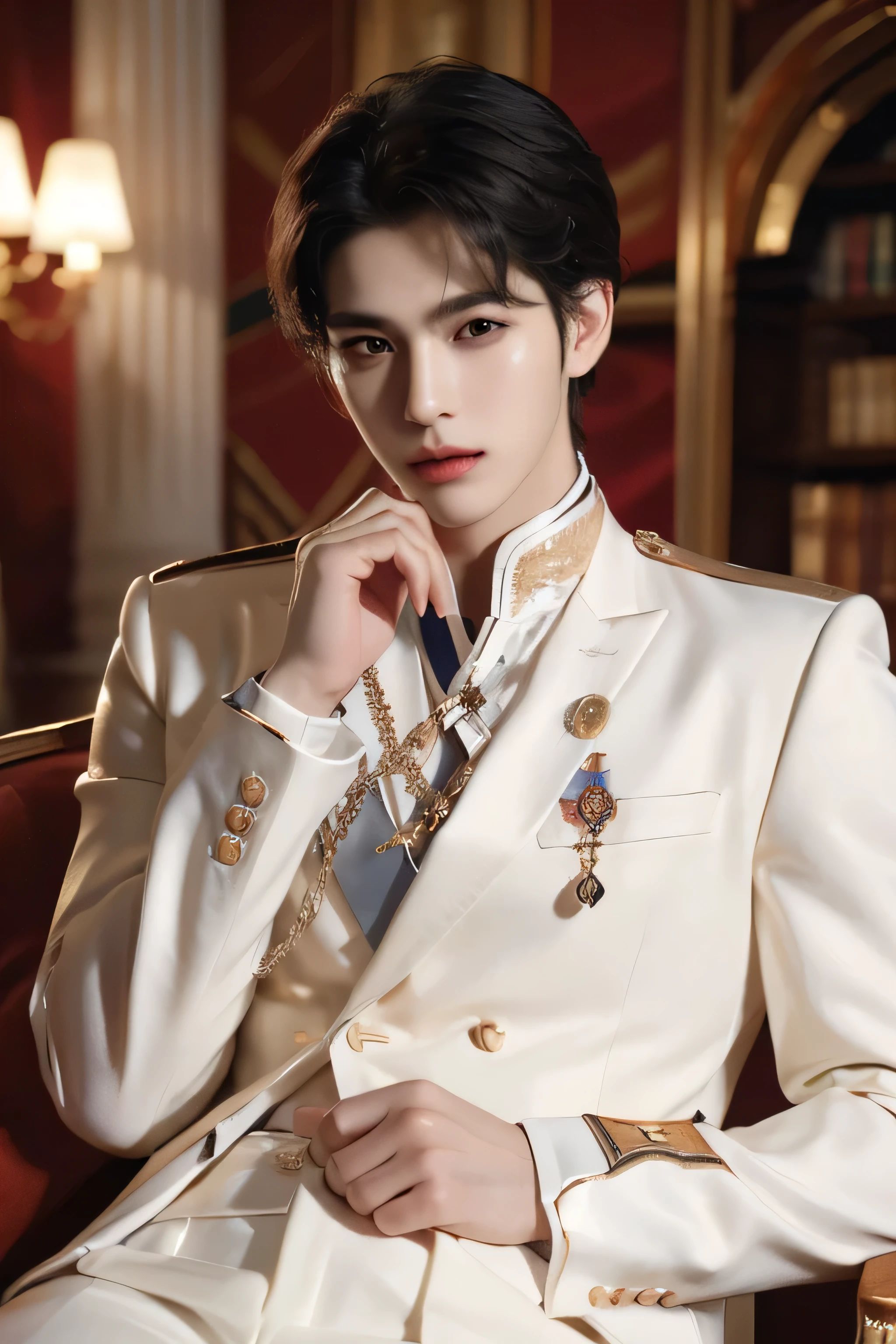 ((highest quality, 8K, masterpiece: 1.3)), live music concert stage background with spotlights, Handsome boy in k pop model outfit, ((25-year-old man)), well-groomed face, black hair color, thin face, (white skin:1.5), black eyes, Super handsome, sexy eyes, Extra-fine face, handsome nose, small eyes and face, High resolution, detailed mouth, super slim, ((super popular k pop model)), ((wearing white royal prince outfit with gold)), white pants with gold buckle, standing in a ballroom