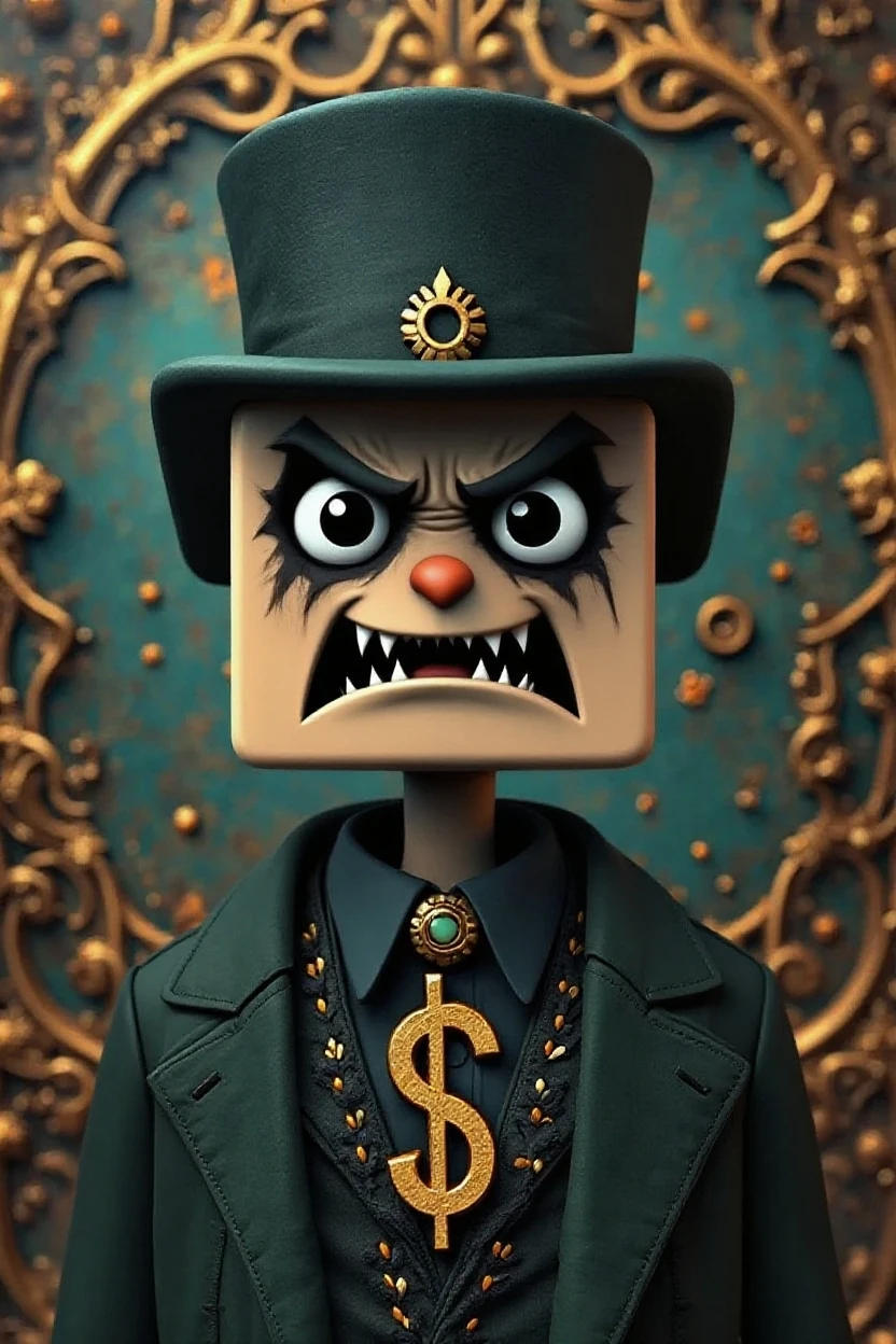 (Knitted toy Voodoo doll: 1.6), (Voodoo Gothic rich: 1.3), (Clothing classic suit with Gothic elements and lace cuffs: 1.0), (in the hands of a bag with gold coins: 1.9), (against the background of the Bank cell: 1.3), best quality, masterpiece, detailed soft oil painting, detailed background, dramatic cinematic lighting, soft edge lighting, professional, dramatic lighting, hard edge lighting, ultra quality, 4k, masterpiece, best quality, 8k, ultra high definition, high resolution, extremely detailed