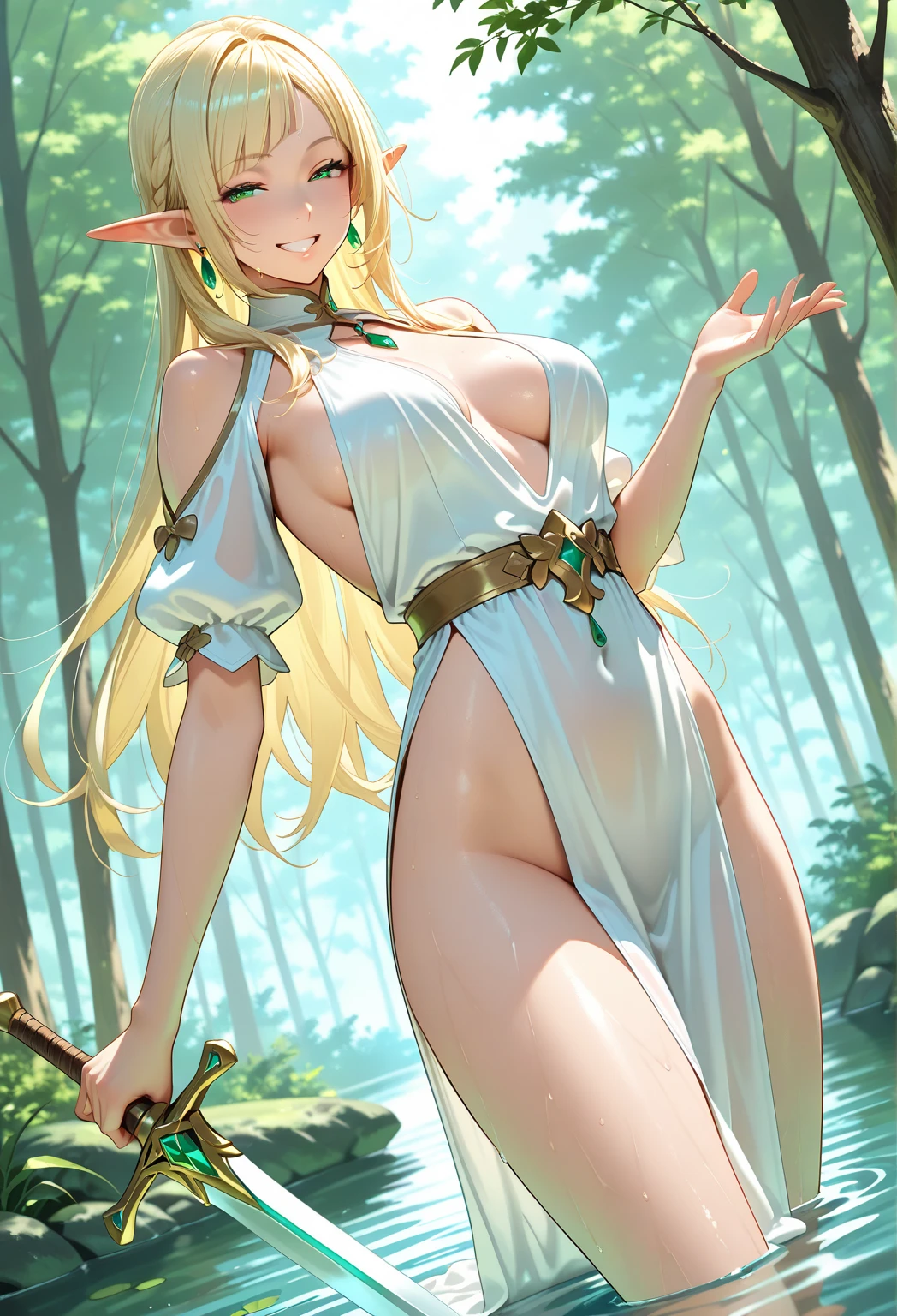 Best quality, ultra-high-detailed, in a seductive pose. Detailed face, detailed full body, big breast, curvy ass, oily skin, symmetric face, cute, with a belly pin, ponytail hairstyle, blonde elf girl with long wavy hair and blue eyes, pussy cameltoe in a blue long see through sheer dress with gold embroidery, top stripped at breast making her breast naked, standing in front of a waterfall in a dense forest, butterflies flying around her, enjoing the nature, solo, wind blowing lift ups her sheer and her pussy is visible