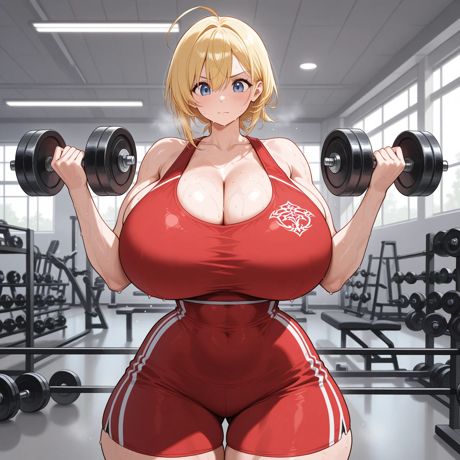 ((mavis)), ((descomunal tits)), ((naked tits)), (front squat)), ((Liverpool jersey)), ((perfect body)), ((high quality)), ((best quality)), ((at the gym)), ((gym body)), ((perfect legs)), ((big ass)), ((detailed)), ((best quality)), ((garter belt)), ((alone)), ((Tits covered with cum)).