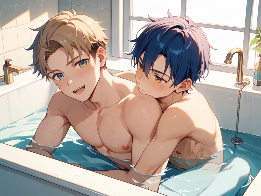 score_9, score_8_up, score_7_up, score_6_up, source_anime, masterpiece, best quality, very aesthetic, uncensored, 1girl, 1boy, (closed-mouth kiss), cute face, round breasts, small breasts, soaking in the bathtub, seductive, voluptuous, short hair, brown hair, pubic hair, excessive hairy pussy, sex, pussy juice, moaning, penis in pussy, (hand touch breast:1.4), bathroom, window