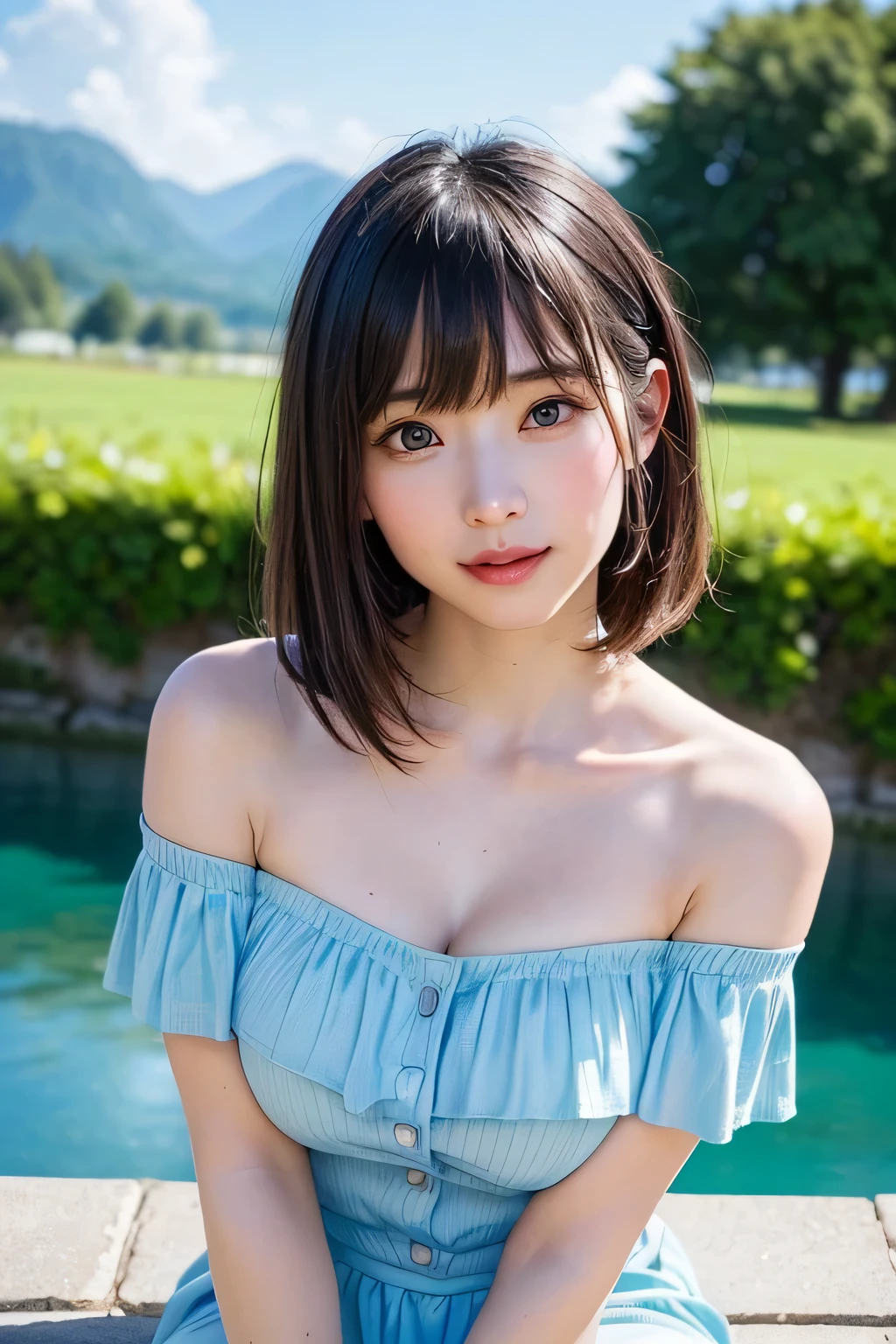Medium Shot、((Upper Body))、(highest quality:1.5)、(Realistic:1.5)、(1 person:1.5)、(Very detailed)、(High resolution)、8k、((Wear an off-the-shoulder dress))、Slightly small breasts、Natural color lips、Cute Smile、20-year-old girl、(Beautiful and elaborate face)、(Perfect and beautiful face)、(Big eyes)、(Beautiful and elaborate face)、(Beautiful, balanced eyes)、Perfect and beautiful double eyelids、Perfect and beautiful face、Arched eyebrows、 Thin eyebrows、Feminine poses、Slim face、Slim figure、Beautiful and thin nose、 Beautiful Skin、(Medium Bob Hair)、Natural Bangs、Fair skin、Front lighting、(Lighting the face)、(Beautiful cleavage)、Deep blue eyes、Slim waistline、Red Roseが沢山咲いた庭園、Red Rose、Rose flower、squat、