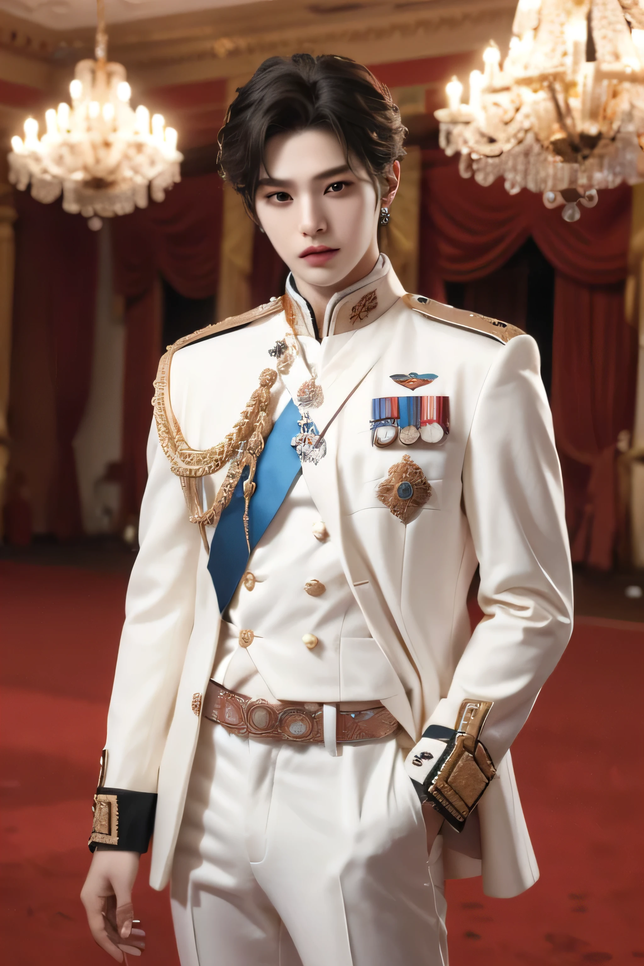 ((highest quality, 8K, masterpiece: 1.3)), live music concert stage background with spotlights, Handsome boy in k pop model outfit, ((25-year-old man)), well-groomed face, black hair color, thin face, (white skin:1.5), black eyes, Super handsome, sexy eyes, Extra-fine face, handsome nose, small eyes and face, High resolution, detailed mouth, super slim, ((super popular k pop model)), ((wearing white royal prince outfit with gold)), white pants with gold buckle, ((standing in a ballroom))