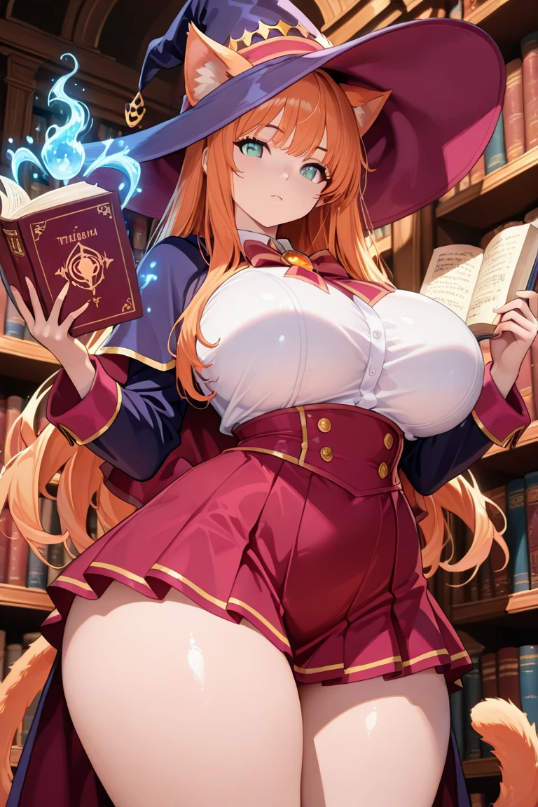 a woman in a red dress holding a book, seductive anime witch casting magic, Visual novel, sprite de Visual novel, powerful and plump sorceress, classic witch, detailedeyes, face detailed, detailed hands, blonde.