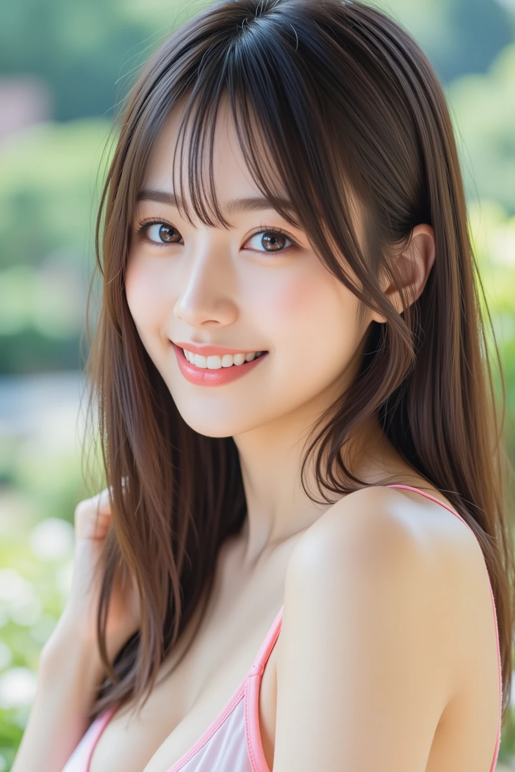 (((Expressing happiness through facial expressions:1.3))).Beautiful woman,Nice face,Very bright smile, Clothing that emphasizes cleavage,Off the shoulder,White shirt,White pants,Looking at the audience,whole body,From above,look up,Beautiful Hands,Enjoy a walk in the park,
(Reddish brown wet shiny short messy hair),Blushing cheeks,Pointed red mouth,Big Breasts,Accentuate your breasts,Perfect body curves,Beautiful clavicle,Wet Hair,Wet Face,Wet body,Wet Skin,Wet costume,Detailed clothing features,Detailed hair features,Detailed facial features,Looking at the camera,(Dynamic Angle),(Dynamic and sexy pose),Cinematic Light,(Pieces fly,Highest quality,Ultra-high resolution output images,Written boundary depth,Intricate details,The contrast of light and shadow makes the subject appear three-dimensional,) ,Digital single-lens reflex camera, (Photorealistic:1.3),(8K quality,Anatomically correct facial structure,),,(Picture Mode Ultra HD,)
