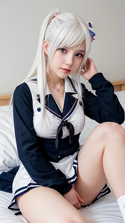 Best quality, high quality, masterpiece, high resolution, detailed, one girl, cute girl, fourteen years old girl, no panties, lying, spread legs, white hair, blue sailor skirt, sailor suit, black over knee socks, long hair, small breasts, show off nipple, no shoes, on bed, detail, good pupil, 4k