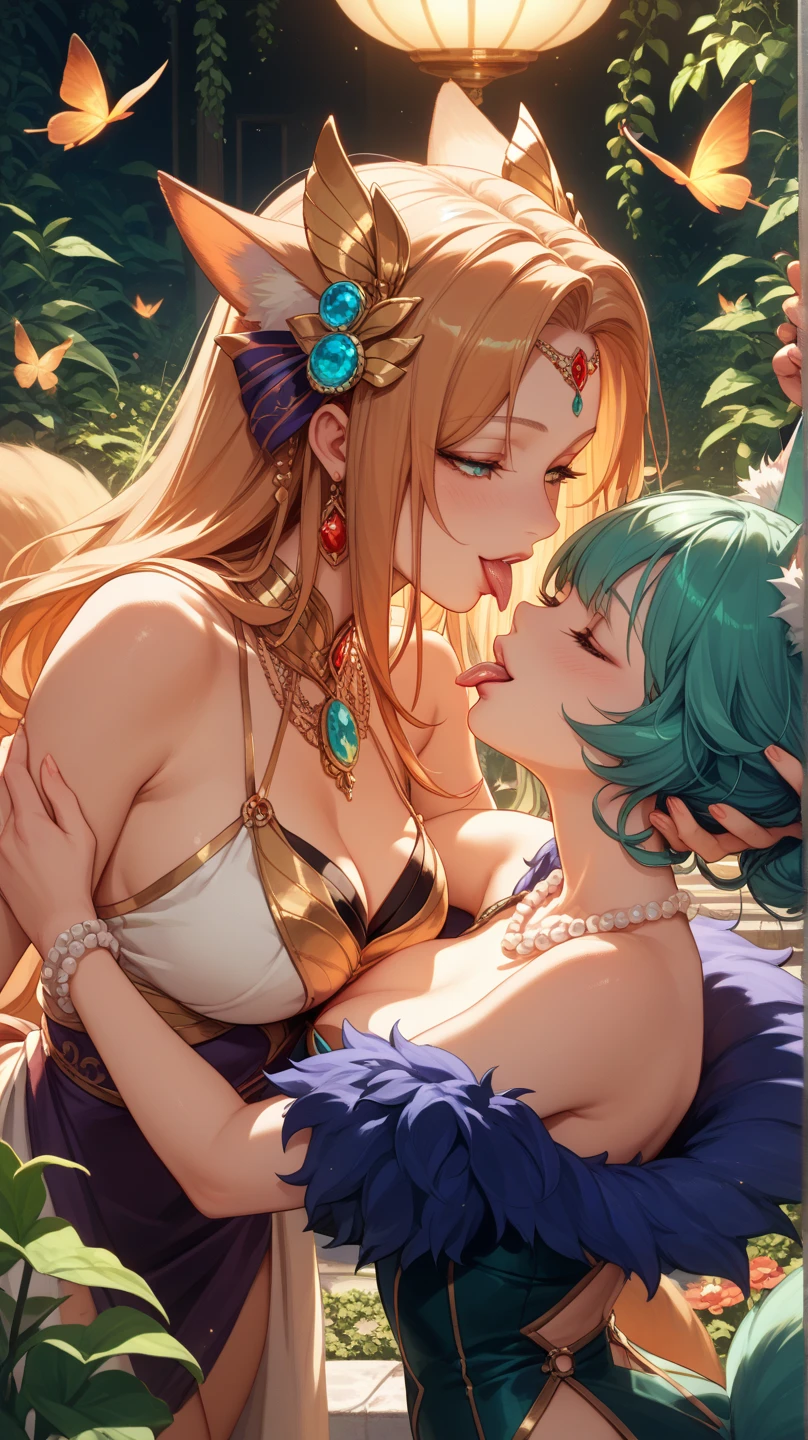 (melhor qualidade, Alto:1.2),ultra-detalhado,Realistic:1.37,Fantasy lighting,cores cintilantes,retrato,ambiente do jardim,2 meninas,Beleza,energia feminina,Vestido de baile azul,luscious greenery,dreamlike atmosphere,Poses elegantes,brisa suave,lively expressions,movimento gracioso,detalhes finos,ethereal ambiance,olhos claros,bochechas rosadas,vibrant lips,exquisite facial features,joias delicadas,celestial,Photographic aesthetics,Masterpiece in oil painting style |