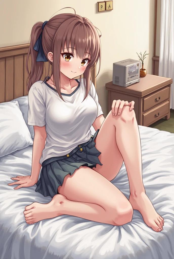 (masterpiece, highest quality:1.2), Complete human body, Perfect Anatomy, Cute S, too young girl, Chibichara, Induce a desire for asylum, Young face, Lustrous brown hair, Lift up your shirt, Not wearing a bra, Small breasts, Small breasts, Immature female body, The nipples and areola are pale pink., Flip up skirt, Not wearing panties, Showing virgin pussy and anus, Boldly open your legs, Immoral Eros, Moist eyes, Staring at the audience, Bedroom,