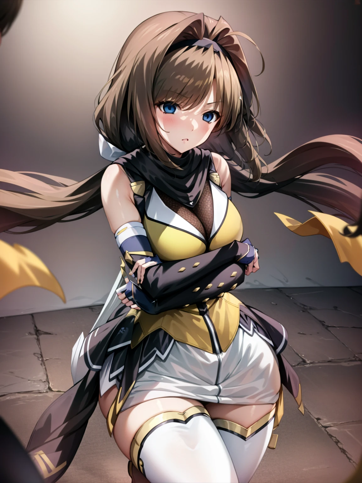 (ultra extreme details),(masterpeace),(hyper extreme),(Photorealistic),CG,(colours:1.2), Beautiful lighting,Light from the front, Solo,takamori_Haruka,Blue eyes,Brown hair,shairband,Yellow dress, white thighhighs, White skirt, Black slit sleeves,