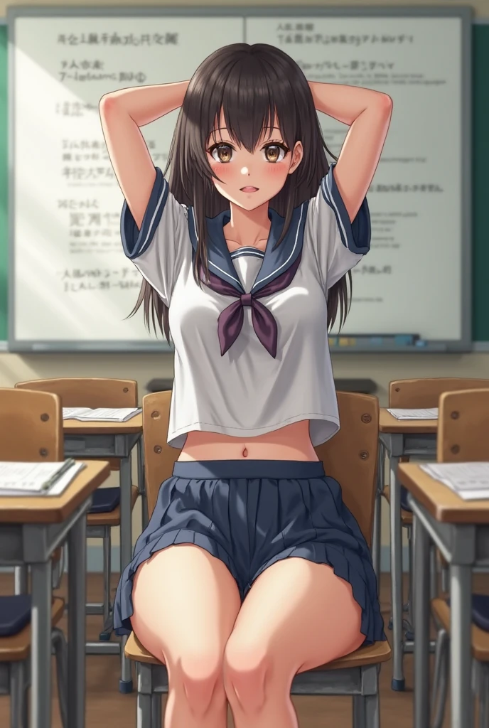 One girl, highest quality, Super detailed, masterpiece, Ultra-high resolution, 8k, Ridiculous, Cowboy Shooting, Focus on the girl, Embarrassing, blush, Lovely, Close one eye, With tears in her eyes and her mouth open, What saliva leaves behind, (arms behind head), (wariza), (紺のschool swimsuit),(Underboob),(crop top navel),(glamorous), Classroom Background, (Videl:1.2),  Absolute area, Black knee socks