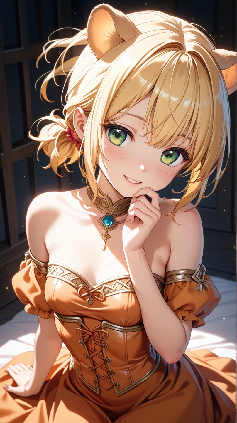 An anime girl with green eyes and blonde hair sitting at a table., Beautiful Anime Girls, Cute anime waifu in a nice dress, Anime Goddess, Cute Anime Girl, Enchanting anime girl, Beautiful anime portraits, Cute girl anime visuals, Attractive anime girl, Beautiful Anime Woman, Detailed digital anime art, Lori, Beautiful and attractive anime woman, Cute Anime Girl