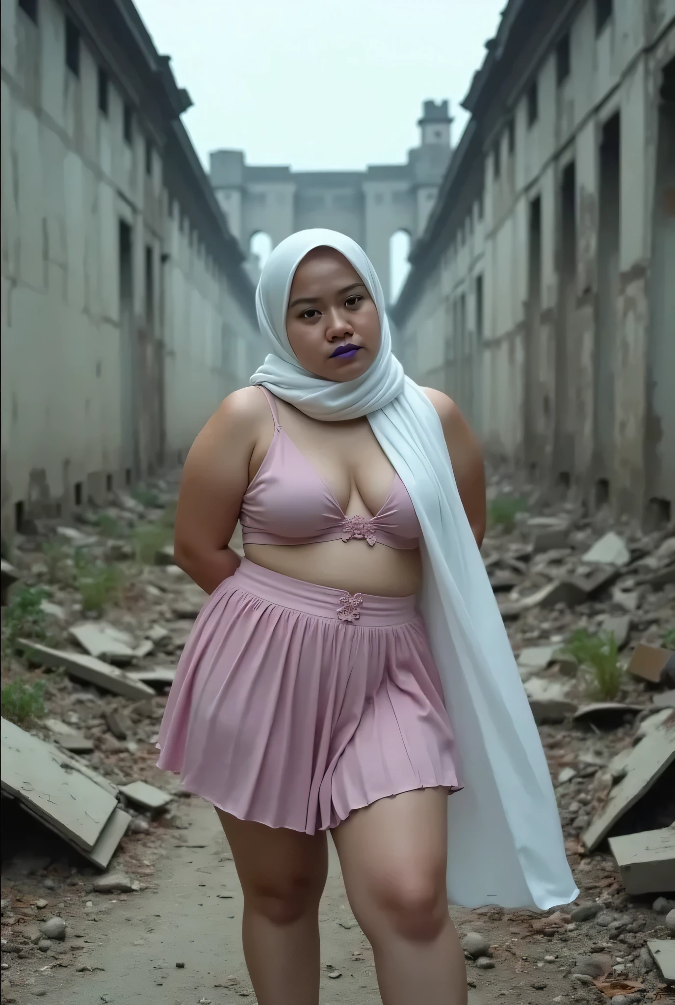 (BLOWN IN THE WIND WEARS WHITE HIJAB), , A bitch with a very fat bbw body (naked breasts) in the middle of a dilapidated bridge, ((GOTH GIRL PURPLE LIPS)). ((Pink cropped singlet)), Close up image, hands behind back , wear a very short mini pleated skirt, both hands lying behind back.