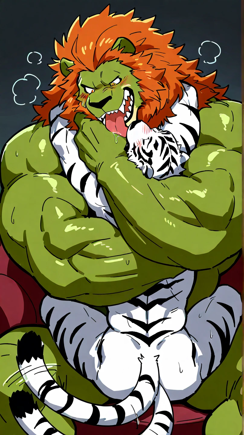 face of a muscle( lion orc) man, manly, very long beard, green skin, square jaw, , very strong, hairy chest, manly, muscular, tusks, big tusksmuscular anthro( lion orco) posing for the camera, sitting on porch, spreading arm, touching chest. 4k, high resolution, best quality, posted on e621, anthro body, anthro orco lion, mane, male, adult, masculine, (very muscular, thick build, pectorals:1.2), correct anatomy, (countryside background, porch, night, stars), (by wfa:1.2), (by negger:1.0), (underwear,holding big huge pink_penetrating, Cum, big cock, (detailed eyes:1.2), sexy,fur green, hair in green (cel shaded:1.2), cartoony shading, (watercolors), strong shadows, confident, seductive, flirting, smile, open mouth, (half-body fur green :1.2), (looking at viewer:1.2)