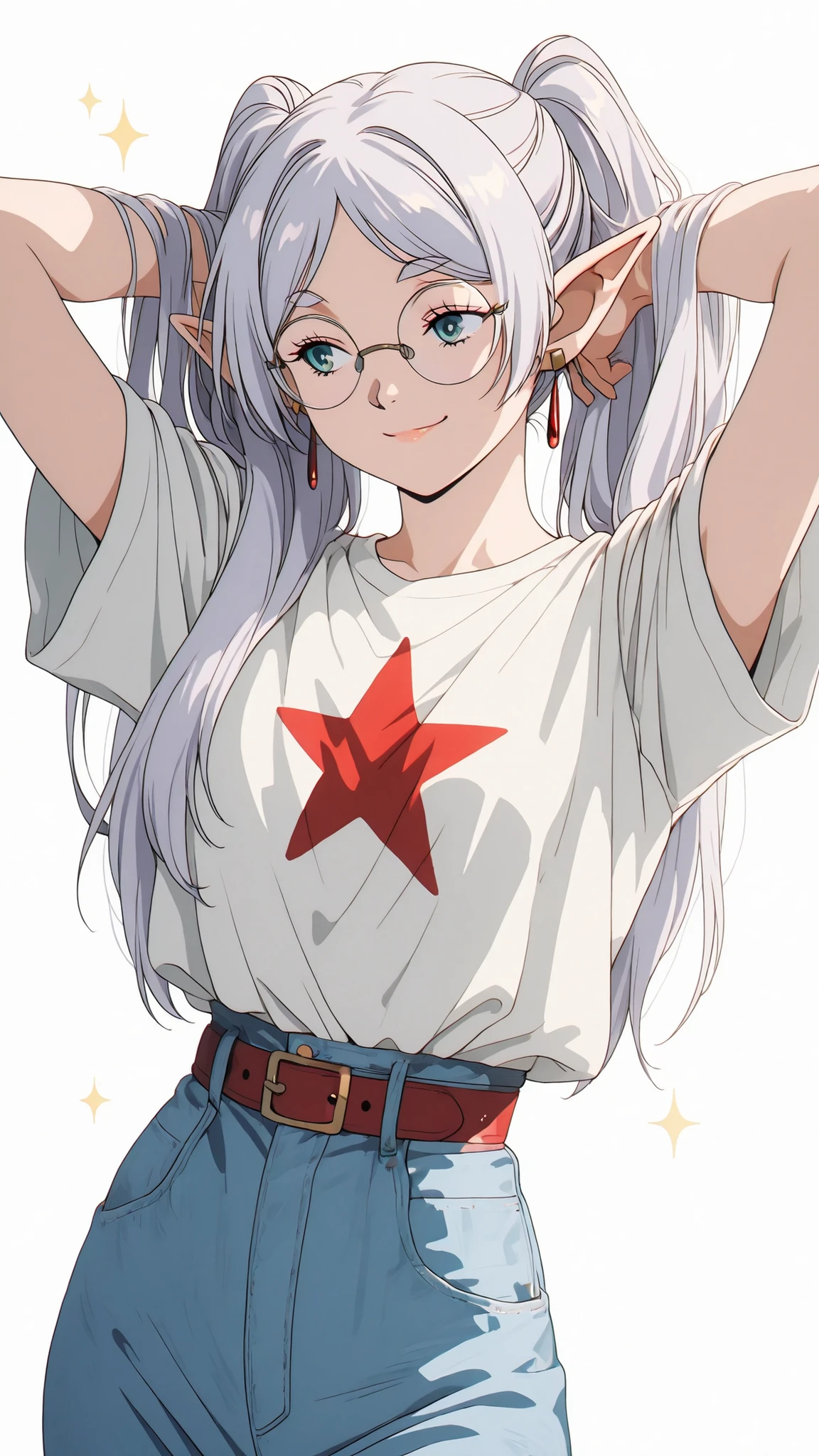 Frieren from Sousou no Frieren, 9:16 portrait format, standing against a plain white background, wearing a 90s retro outfit: oversized cream-colored t-shirt with a red star print, tucked into high-waisted light blue denim jeans, red leather belt with gold buckle, minimal earrings, relaxed pose with arms raised behind head while adjusting her hair, soft lighting and subtle shadows, anime style
wearing thin metallic oval glasses in 90s style, reflecting a slight light glare, fitting her playful look
with a playful and happy expression, bright eyes looking to the side, slight smirk on lips, wide open eyes with sparkle, cheeks slightly raised, joyful and energetic vibe, lively and youthful mood
high resolution, ultra-detailed, sharp lineart, smooth shading, vibrant yet soft color palette, clean background, masterpiece, best quality, 4k, expressive facial details, cinematic lighting