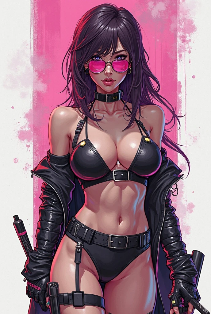 pink bikini, black leather trenchcoat