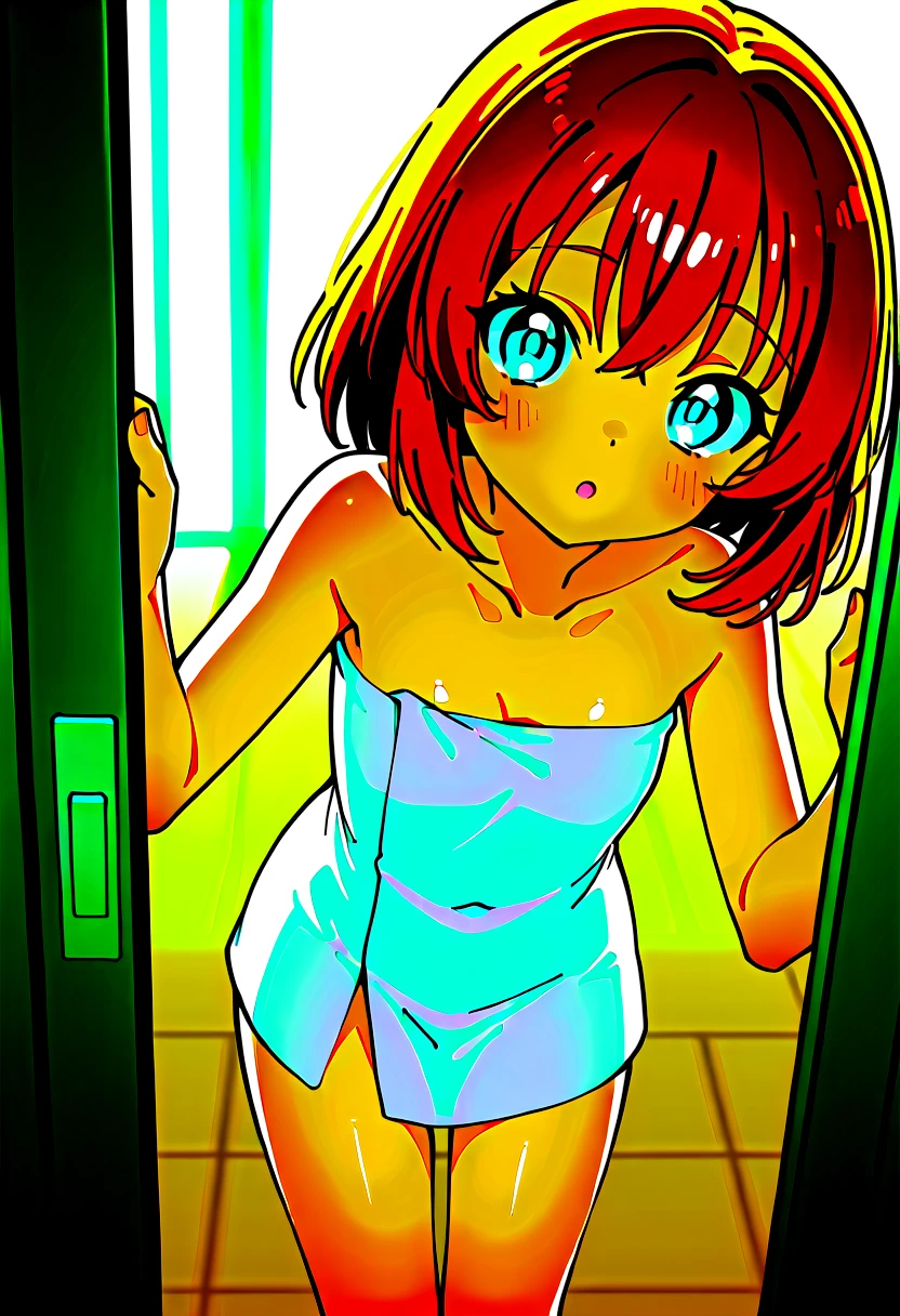 an anime character sits on the side of a bathtub with soap bubbles and a window in the background, 1girl, osaki tenka, long hair, breasts, bathing, looking at viewer, bath, blush, nude, bathtub, bubble, window, solo, hair between eyes, indoors, yellow eyes, brown hair