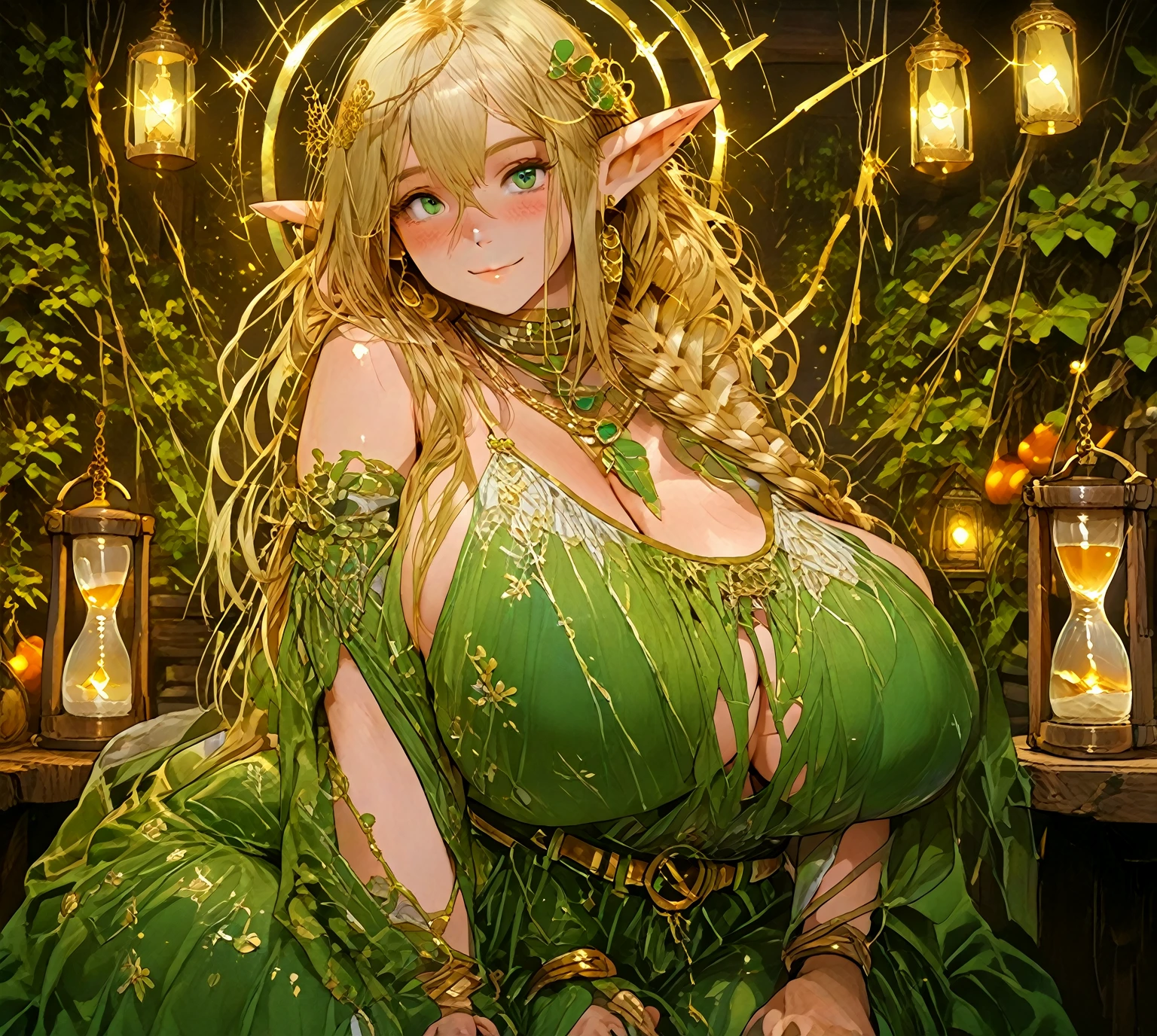 masterpiece, high quality, 1 beautiful girl is a elf druid wearing leaf clothing in a forest with fireflies, highly detailed intricate flower pot background, night, ornate realistic corset, divine holy icon, wicca, angelic, mtg, twisted dark world, fireflys