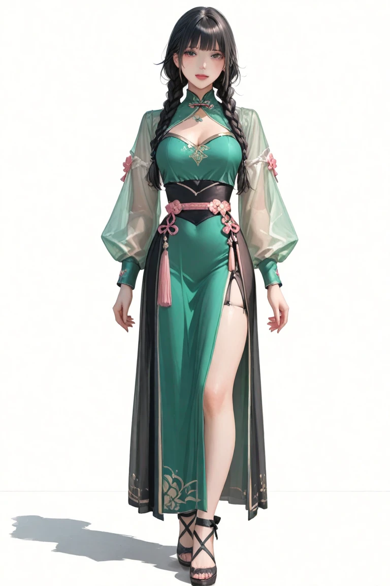 clear outfit design,, clothing design, Chinese style anime character design, detailed full-body concept, anime concept art, ( ( concept art of character ) ), full-body xianxia, Orchid hairpins,brunette color hair,The upper body is wearing bamboo embroidered Han clothes, The outer layer is covered with translucent yarn,She wears a short gray-green horse face skirt underneath,A jade pendant is worn around his neck,Has the facial features of Little Joe,Best Picture Quality