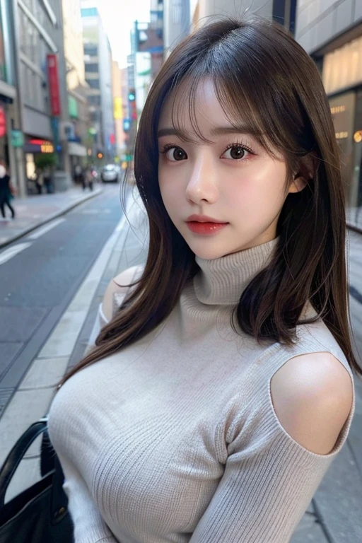 masutepiece, Best Quality, Illustration, Ultra-detailed, finely detail, hight resolution, 8K Wallpaper, Perfect dynamic composition, Beautiful detailed eyes, Natural Lip, Big breasts, Random sexy poses,Raw photo,kawaii,ssmile、Tight knit dress that makes your chest look beautiful - chest coordination