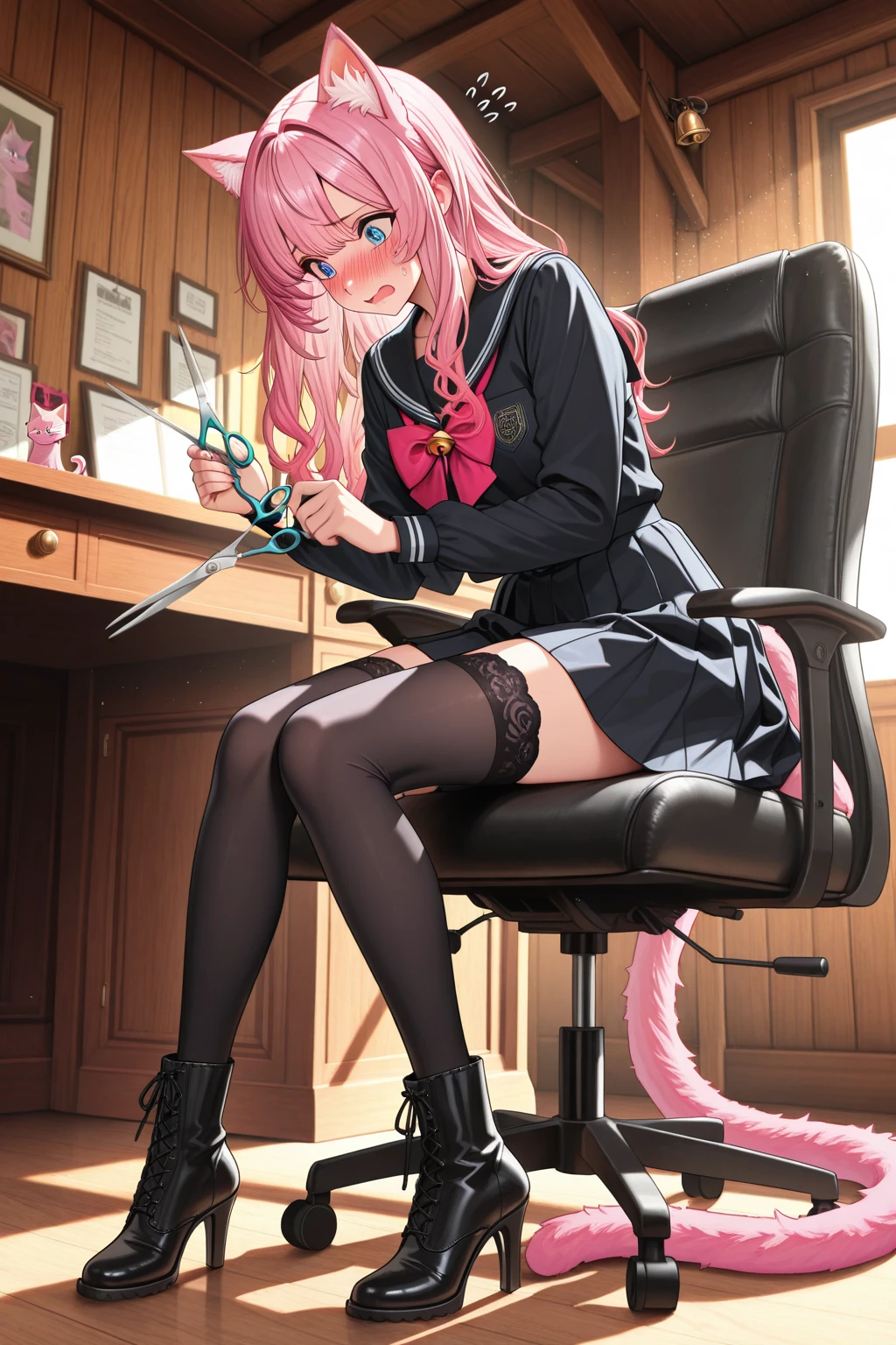 Without clothing, видна vagina, European woman ,stockings, is sitting, vagina ,spread her legs, , .naked, no panties. in the school office ,black skirt, teacher, with a school bag,big tits, pink hair, Darling.Visible feet, holding a pencil in his hand.