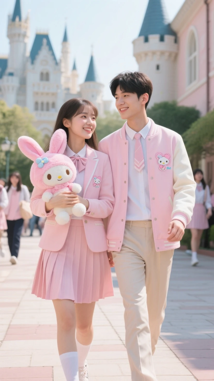 strawberry pink cute girl boy Two shots Couple whole body Long sleeve white dress, And heeled shoes. Her black bangs are straight、Each eye has three eyelashes。. Shine; Sparkling strawberryの花 Going out carrying a shoulder bag on one's shoulder Date