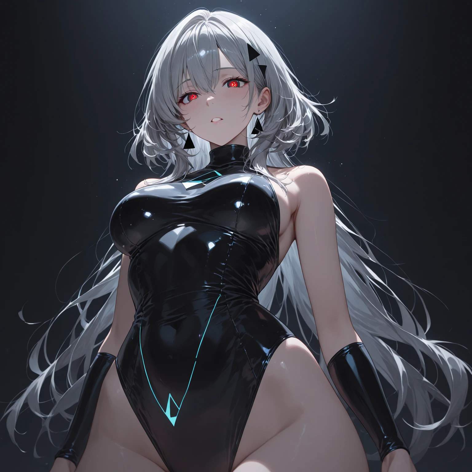 Beautiful girl 
　Beautiful bodystocking latex
　Light　Silver Hair、Fox ears、smile　　magic　Masterpiece Night　Magic sexy, extremely beautiful 22歳　Big Breasts Beautiful Eyeagical gentle lighting    beautiful hip, cowboy shot simple background.