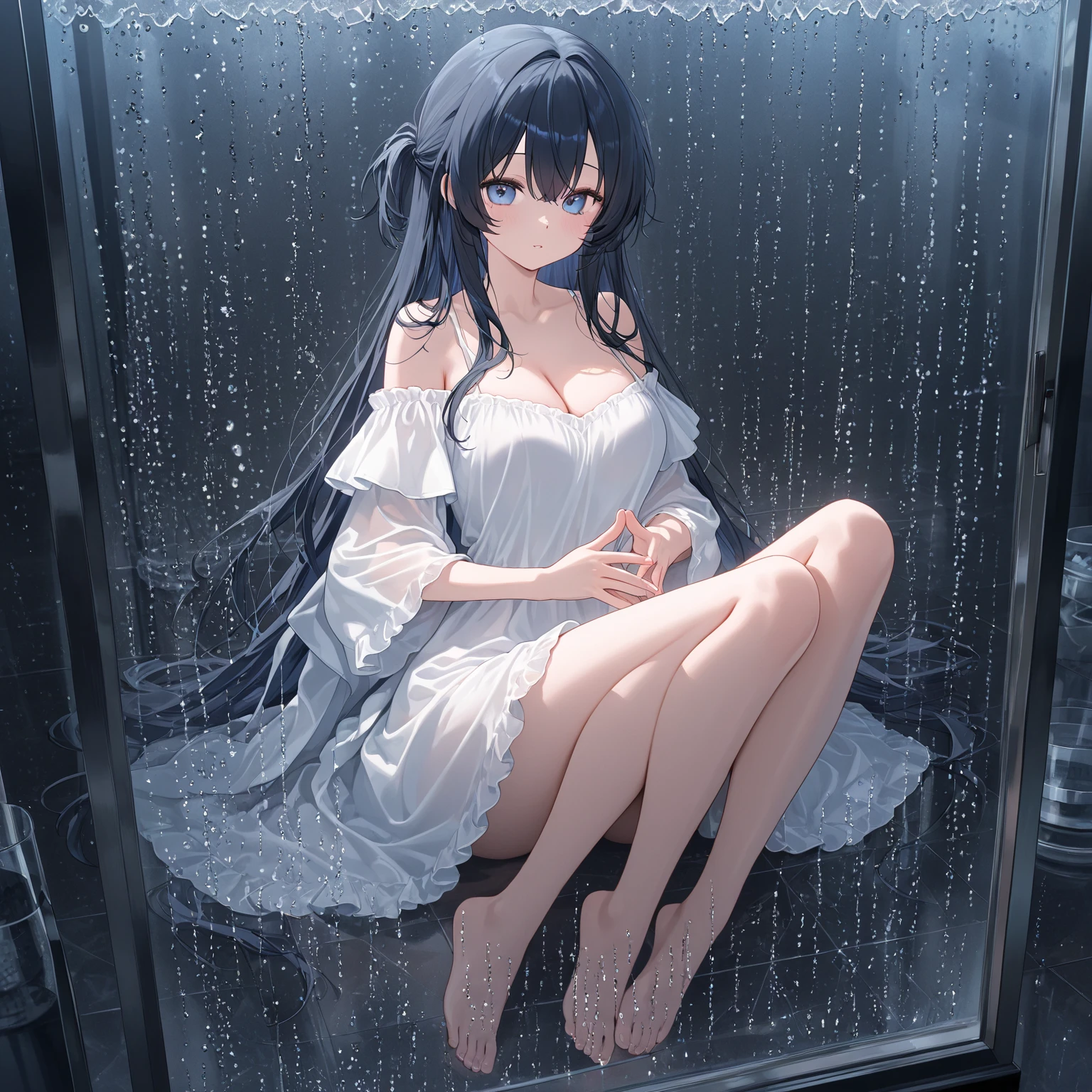 Black cloak、white leotard、White Long Gloves、White long boots、long black and blue hair、Tears、red blush、arms behind back、Red Eyes、prison、Clenching teeth、One girl、Bang、Hand flail、fetters、Crucifixion on the wall、full body seen、Crying、Opening legs、Water droplets on the cheeks、Water droplets on the thighs、The floor is wet、gargantilha、chains、The sides are visible、Bump your chest against the wall、Capture the anterior buttocks、Up to the knee、Her body is facing the direction of the wall、The sheen