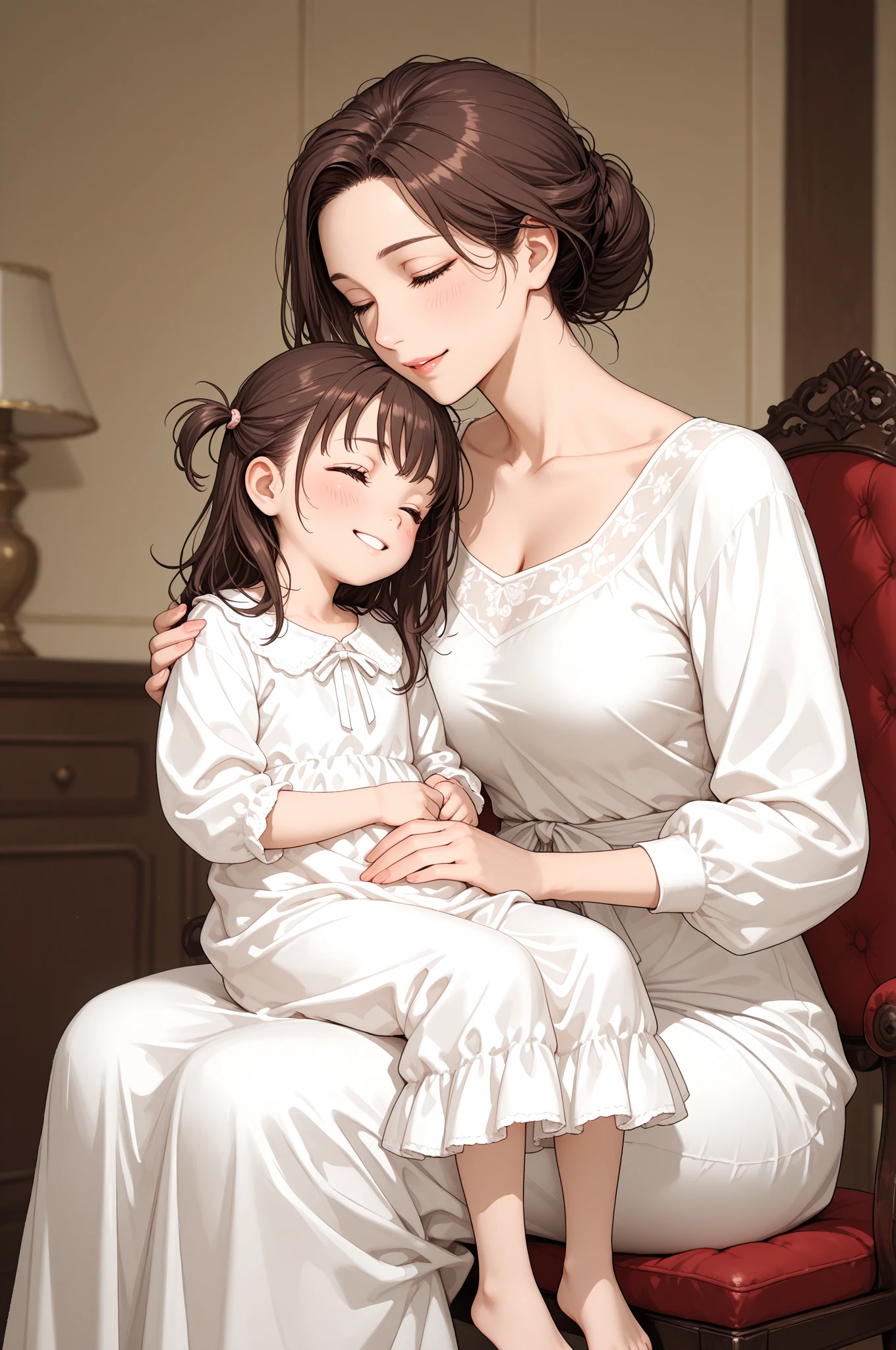 1 chico, 1 girl, mature woman, mother and son, child, hug, smile, hand on head, down on my knees, masterpiece, Best Quality, pwrgirl, layer, leotard blue, long sleeves, white gloves, Gray belt, medium breasts