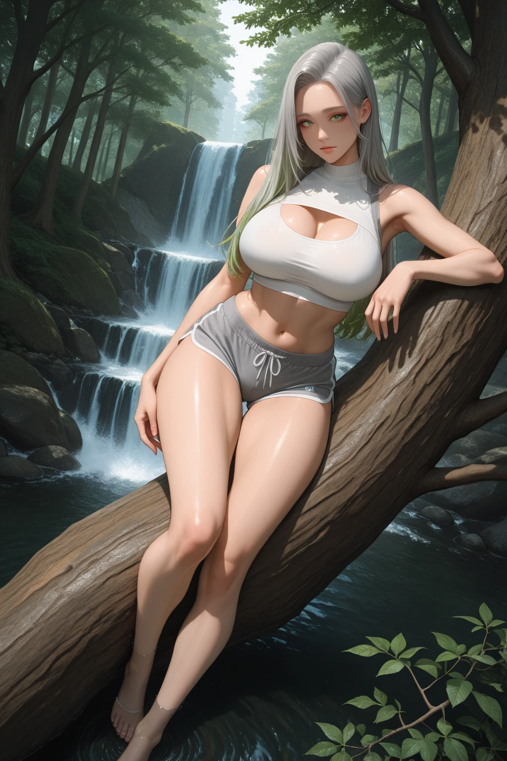(Masterpiece: 1.2, Best Quality, Intricate Detail, Super Detail, Super High Quality, High Resolution, Best Shadow, Best Lighting, 4K), DOA6 Sayuri, Cleavage, Lovely Hips, Open Legs, Crotch Emphasis, Knee Bend, White Cotton Underwear, Underwear, Tall Girl, Detailed Face: 1, Glasses, Gentle Smile, Little Saggy Eyes, (Long Black Hair), Sunlight Coming Through the Trees, Warm Lighting, Colorful