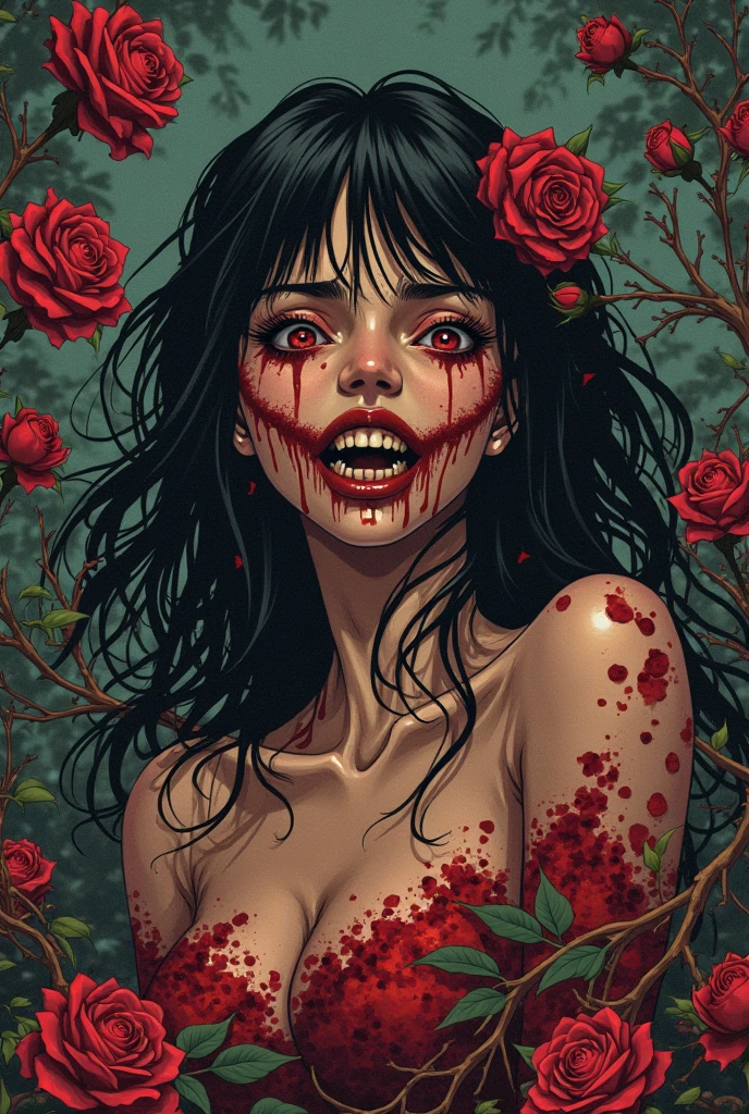Thorny rose vines entwining around the body of a female zombie、The skin of the female zombie's body is marred by rose thorns、A struggling female zombie holds up her arms to show her armpits、Dark and gritty、Horror、Gothic、